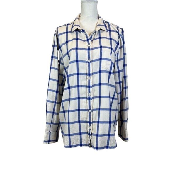 J. Crew Women's BoyFit Button Front Top White with Blue Windowpane Size XL - Picture 1 of 9